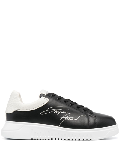 Emporio Armani Signature Logo-print Leather Trainers In Black