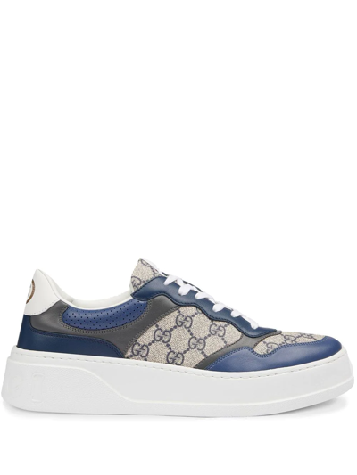 Gucci Monogrammed Coated-canvas And Leather Trainers In Blue