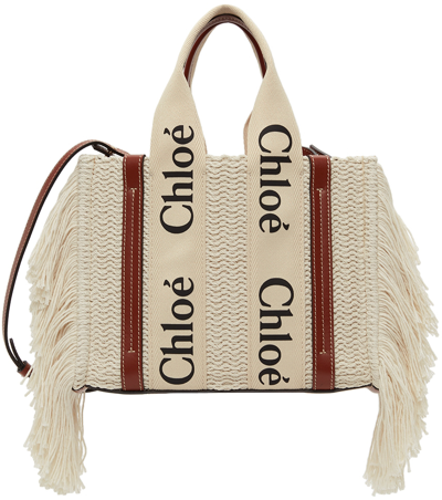 Chloé Woody Medium Leather-trimmed Fringed Recycled Cotton Tote In Sepia Brown