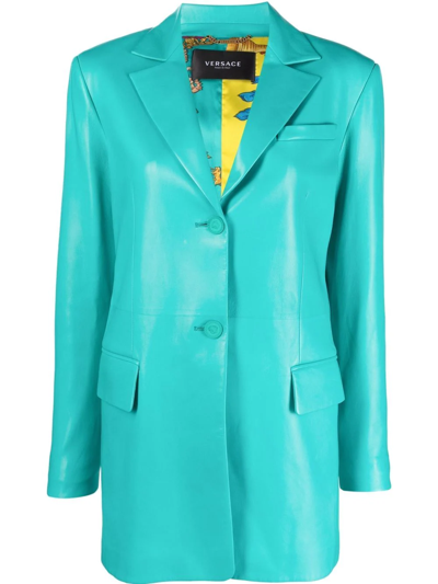 Versace Turquoise Single Breasted Leather Blazer In Blue