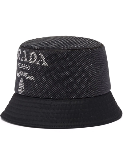 Prada Stud-embellished Brand-print Recycled-polyamide And Silk Bucket Hat In Schwarz