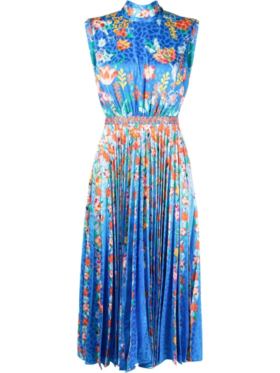 Saloni Fleur-e Pleated Printed Satin-jacquard Midi Dress In Blue