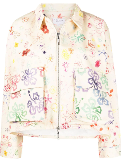 Collina Strada Floral-print Zip-up Fitted Jacket In Beige