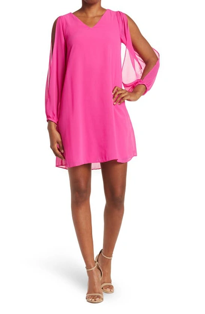 Tash And Sophie Cold Shoulder Chiffon Dress In Fuchsia