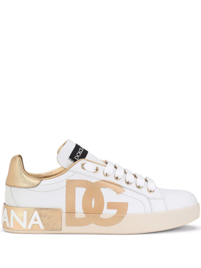 Dolce & Gabbana Calfskin Portofino Sneakers With Dg Logo In White