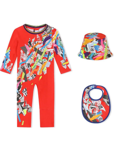 Dolce & Gabbana Babies' 3-piece Gift Set With Newspaper Patchwork Print In Multicolor