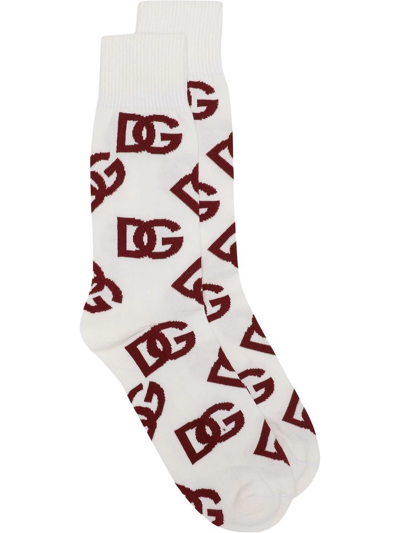 Dolce & Gabbana Logo Knit Cotton Socks In White