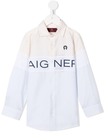 Aigner Kids' Two-tone Striped Logo-print Shirt In Yellow
