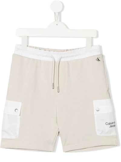 Calvin Klein Kids' Logo-print Multi-pocket Track Shorts In Neutrals