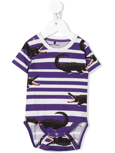 Mini Rodini Babies' Crocodile-motif Striped Bodysuit In Purple