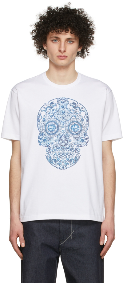 Junya Watanabe Skull-print Cotton T-shirt In White X Blue