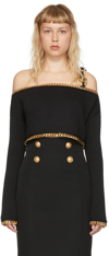 Balmain Cropped Off-the-shoulder Chain-embellished Knitted Top In 0pa Black