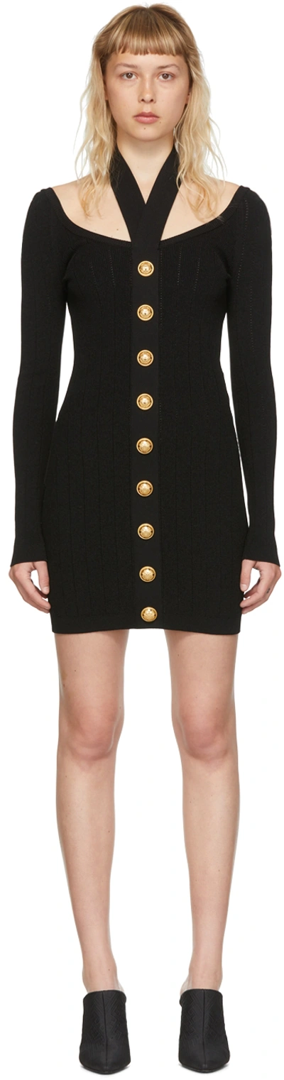 BALMAIN BLACK VISCOSE BUTTON MINI DRESS