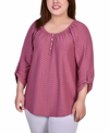 NY COLLECTION PLUS SIZE 3/4 SLEEVE HONEYCOMB HENLEY TOP