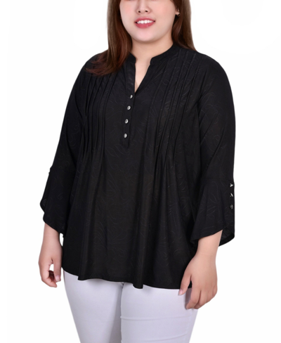 Ny Collection Plus Size 3/4 Sleeve Overlapped Bell Sleeve Y-neck Top In Black