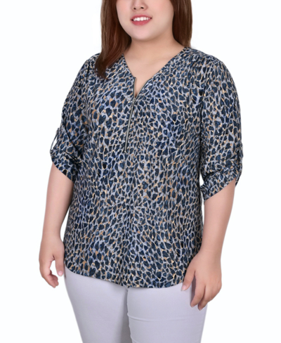 NY COLLECTION PLUS SIZE 3/4 ROLL TAB ZIP FRONT JACQUARD KNIT TOP