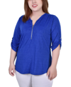 Ny Collection Plus Size 3/4 Roll Tab Zip Front Jacquard Knit Top In Royal Sakadotduo