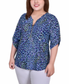 Ny Collection Plus Size 3/4 Roll Tab Zip Front Jacquard Knit Top In Royal Leopard