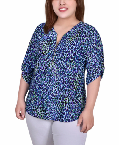 Ny Collection Plus Size 3/4 Roll Tab Zip Front Jacquard Knit Top In Royal Leopard