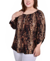 Ny Collection Plus Size 3/4 Push Tab Round Neck Henley Top In Brown Swirlbreeze
