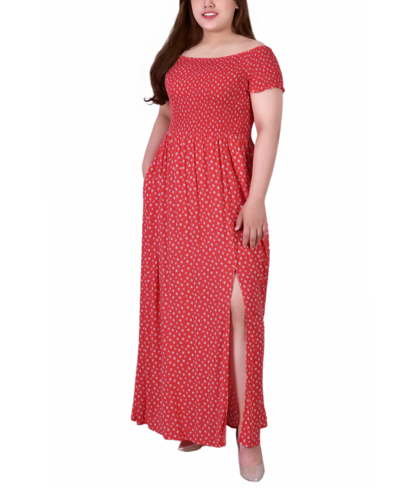 Ny Collection Plus Size Short Sleeve Off The Shoulder Smocked Maxi Dress In Red Floral
