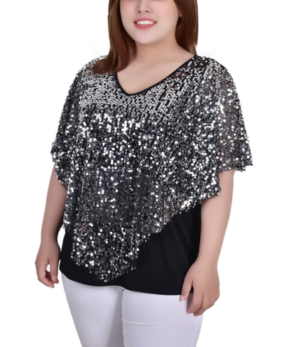 Ny Collection Plus Size Sequin-front Poncho Top In Silver
