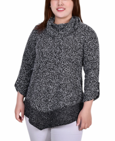 Ny Collection Plus Size Long Roll Tab Sleeve Nubby Cowl Neck Top In Black