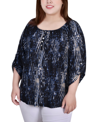 Ny Collection Plus Size 3/4 Push Tab Round Neck Henley Top In Denim Swirlbreeze