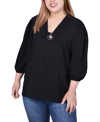 Ny Collection Plus Size 3/4 Puff Sleeve Top With Detachable Necklace In Black