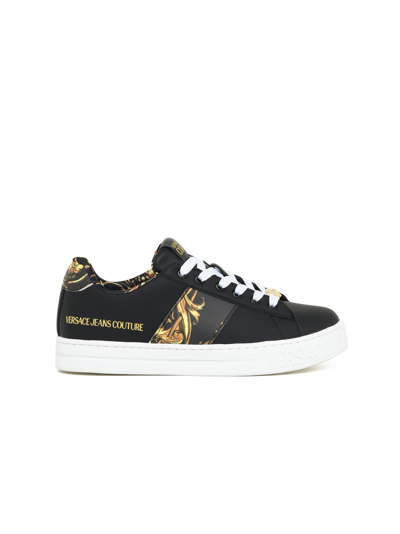 Versace Jeans Couture Low-top Leather Sneakers With Print Insert In Black/gold