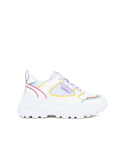 Versace Jeans Couture Leather Platform Sneakers With Coloured Lines In Bianco Ottico