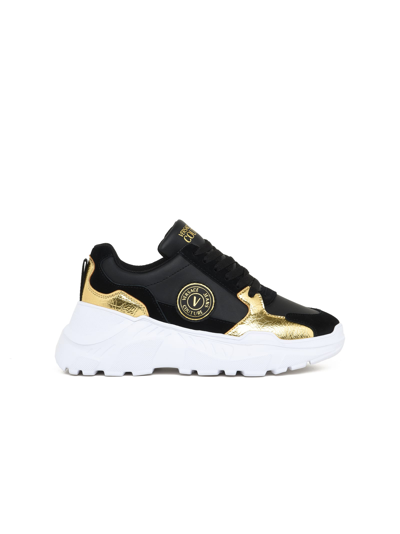 Versace Jeans Couture Leather Platform Sneakers With V Logo In Black/gold