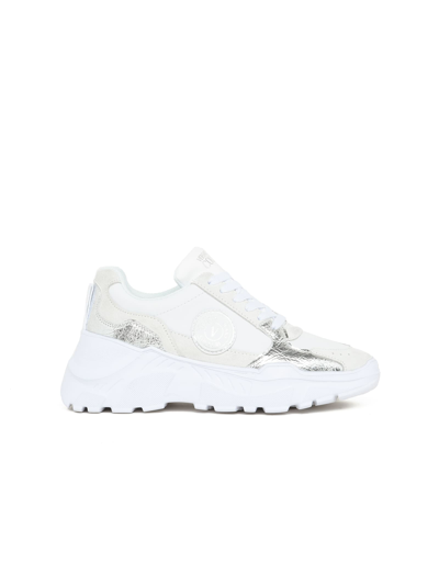 Versace Jeans Couture Leather Platform Sneakers With V Logo In White/silver