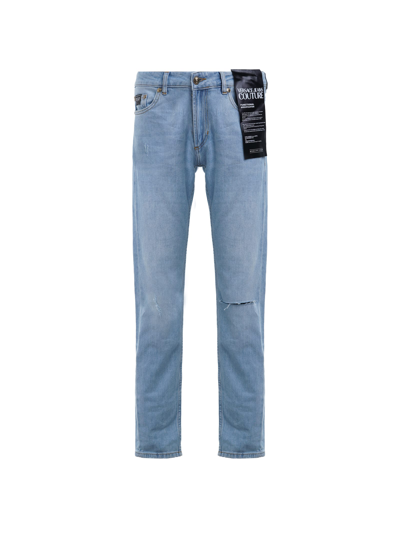 Versace Jeans Couture Embroidered Light Stretch Denim Jeans In Indigo