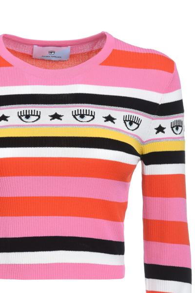 Chiara Ferragni Long-sleeved Form-fitting Crop Top With Logomania Detail In Multicolor