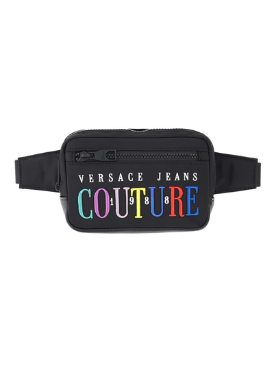 Versace Jeans Couture Fabric Sling Bag With Multicolored Logo In Black