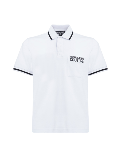 Versace Jeans Couture Pocket Logo Print Piquet Polo Shirt In White