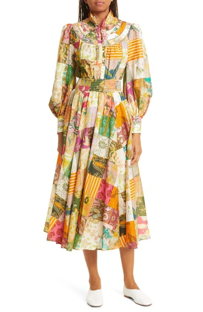 Alemais Hattie Patchwork Cotton And Silk-blend Midi Dress In Multicoloured