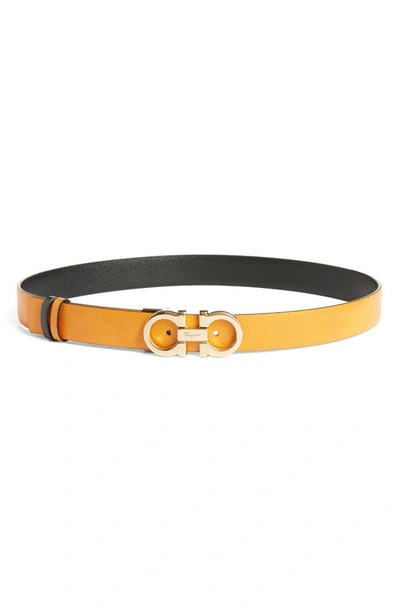 Ferragamo Gancini Buckle Reversible Leather Belt In Olivello Nero