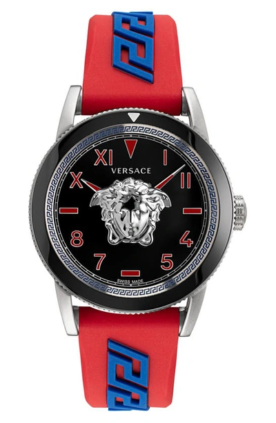 Versace Men's Palazzo Stainless Steel Greca Silicone Watch In Red