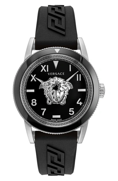 Versace Men's Palazzo Silvertone Greca Silicone Watch In Black