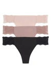 B.tempt'd By Wacoal B.bare Assorted 3-pack Thong In Night/ Antler/ Rose Smoke