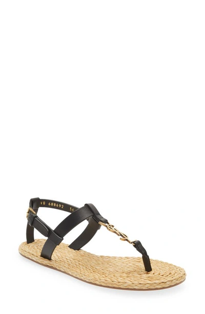 Saint Laurent Logo Plaque Black Cassandra Flat Sandals In Nero