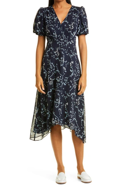 blue dress for baby girl Club Monaco Navy Blue and Pink Floral Print Silk Midi Dress