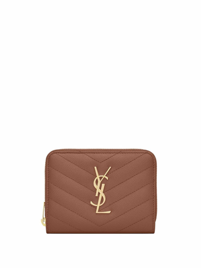 Saint Laurent Logo-plaque Quilted Wallet In Brown