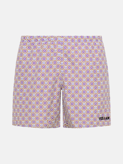 Yes I Am White And Purple Polyester Dot Swim Trunks In Multi