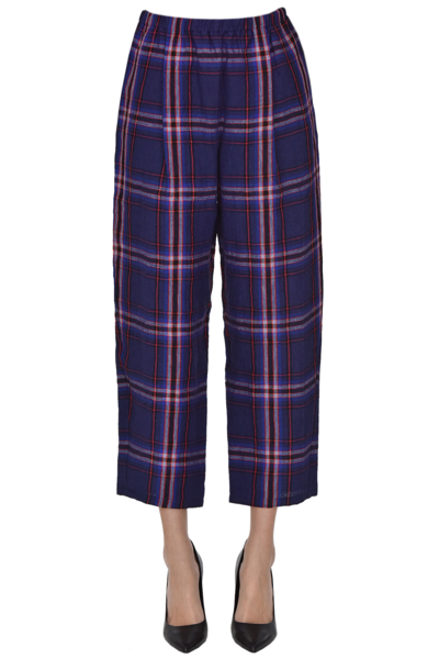 Apuntob Checked Print Linen Trousers In Multicoloured