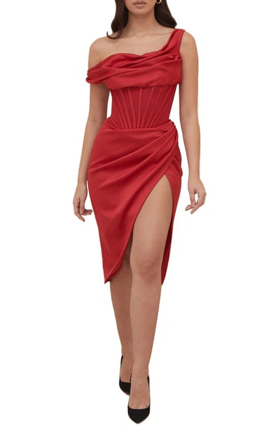 House Of Cb Lulu Corset One-shoulder Satin Midi Dress In Red