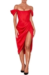 HOUSE OF CB LORETTA OFF THE SHOULDER SATIN CORSET DRESS