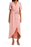 FRAICHE BY J FLUTTER SLEEVE FAUX WRAP MAXI DRESS